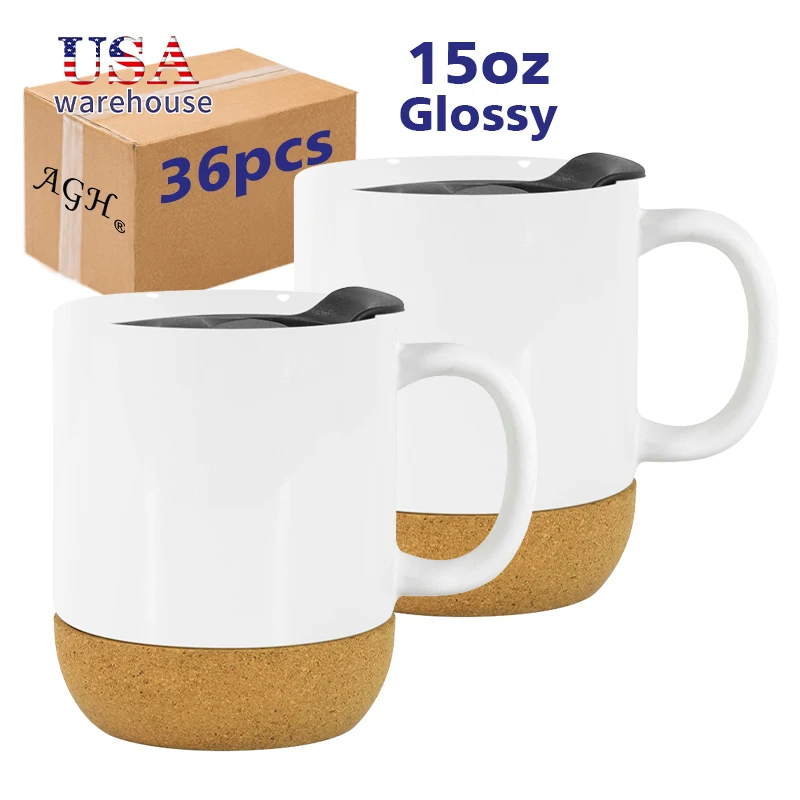 36pcs Glossy 15oz Sublimation Blank Ceramic Coffee Mug With Handle ,Wooden Pad and Lid Hu
