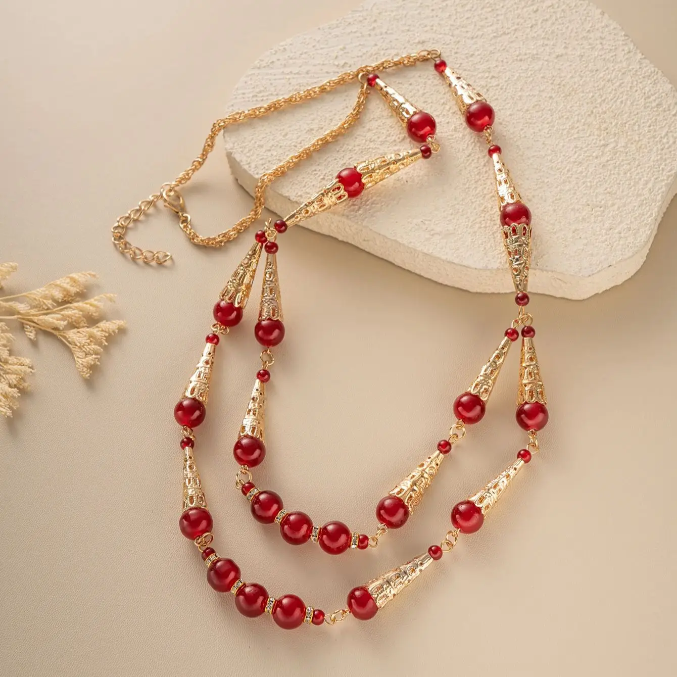 Women's Arabic Fashion Necklace with Green And Red Beads Layered Chain Jewelry for Middle East Caftan