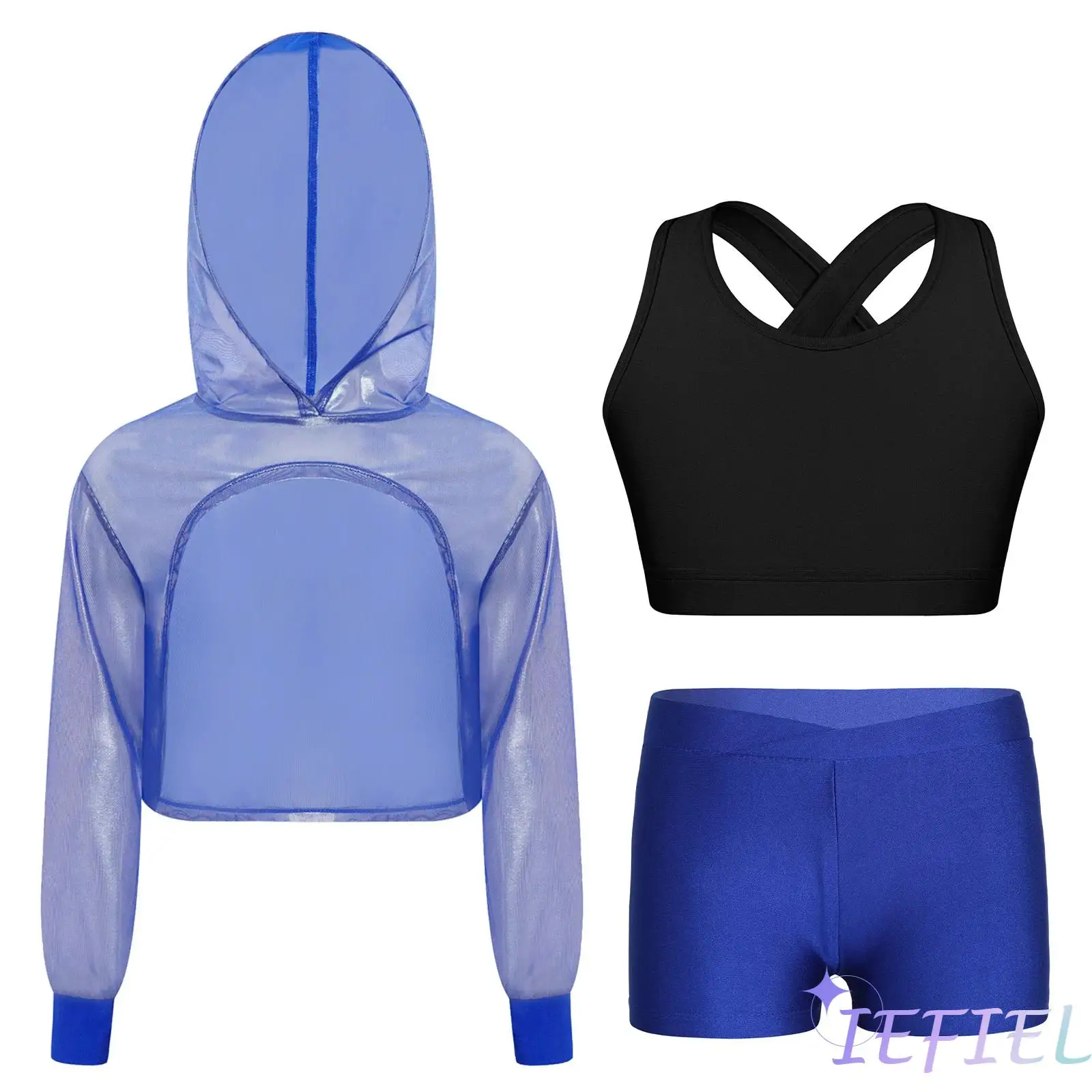 

3Pcs/Set Kids Girl Hip-Hop Jazz Dance Outfit See-Through Metallic Mesh Long Sleeve Hoodie with Vest And V-front Waistband Shorts
