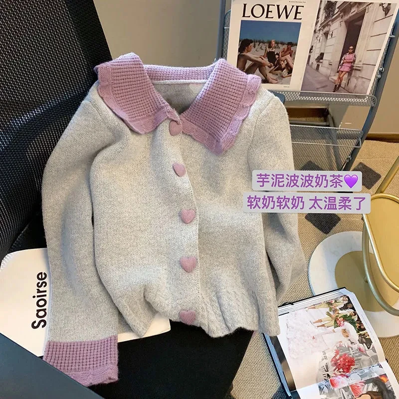 Korean Sweet Peter Pan Collar Heart Button Cardigan Sweater Fashion Hit Color Long Sleeves Knitted Sweater Cute Loose Women Top