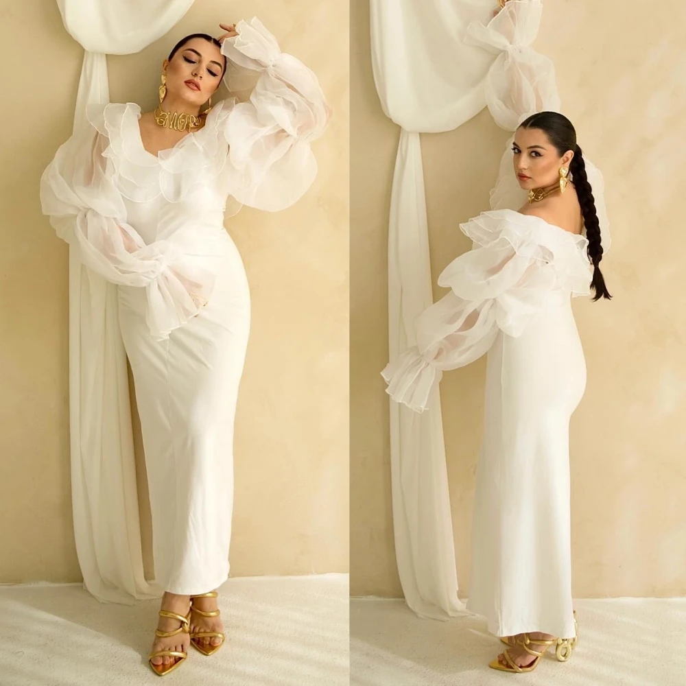  Satin Ruffles Pleat Celebrity A-line O-Neck Bespoke Occasion Dresses Ankle-Length Saudi Arabia 