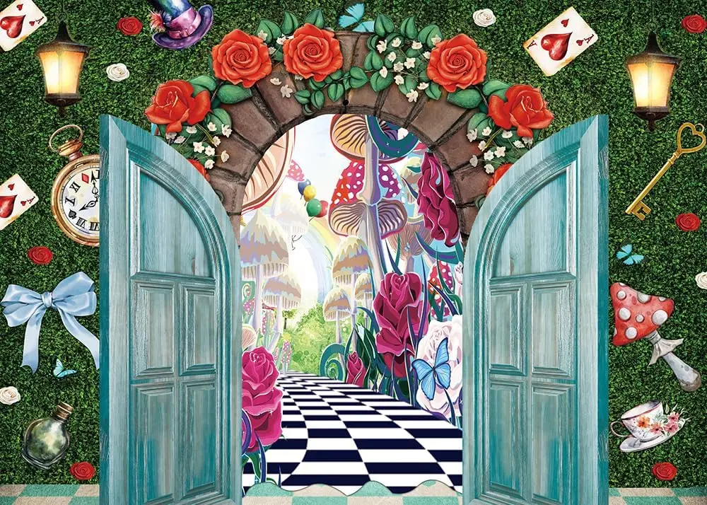 alice Wonderland Tea Party Backdrop enchanted door Kid children Birthday Party decoration photo background photography backdrop