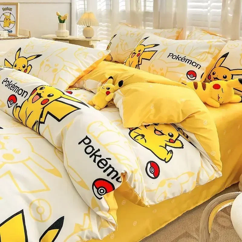 100% Cotton Duvet Set Pokemon Psyduck Eevee 4pcs Set Kids Pure Cotton 3pcs Pack of Bed sheets Pillow cases duvet covers