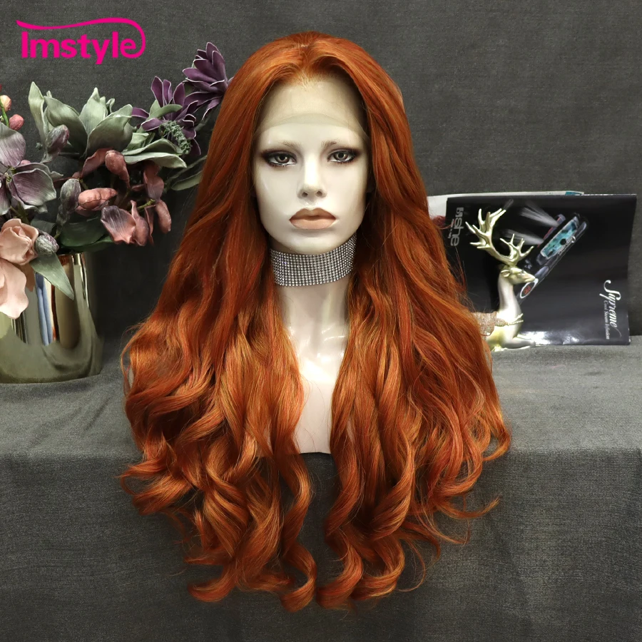 Imstyle Ginger peruka syntetyczna koronka peruka Front pomarańczowy mieszane kolor długie faliste peruka włókno termoodporne Cosplay peruki dla kobiet