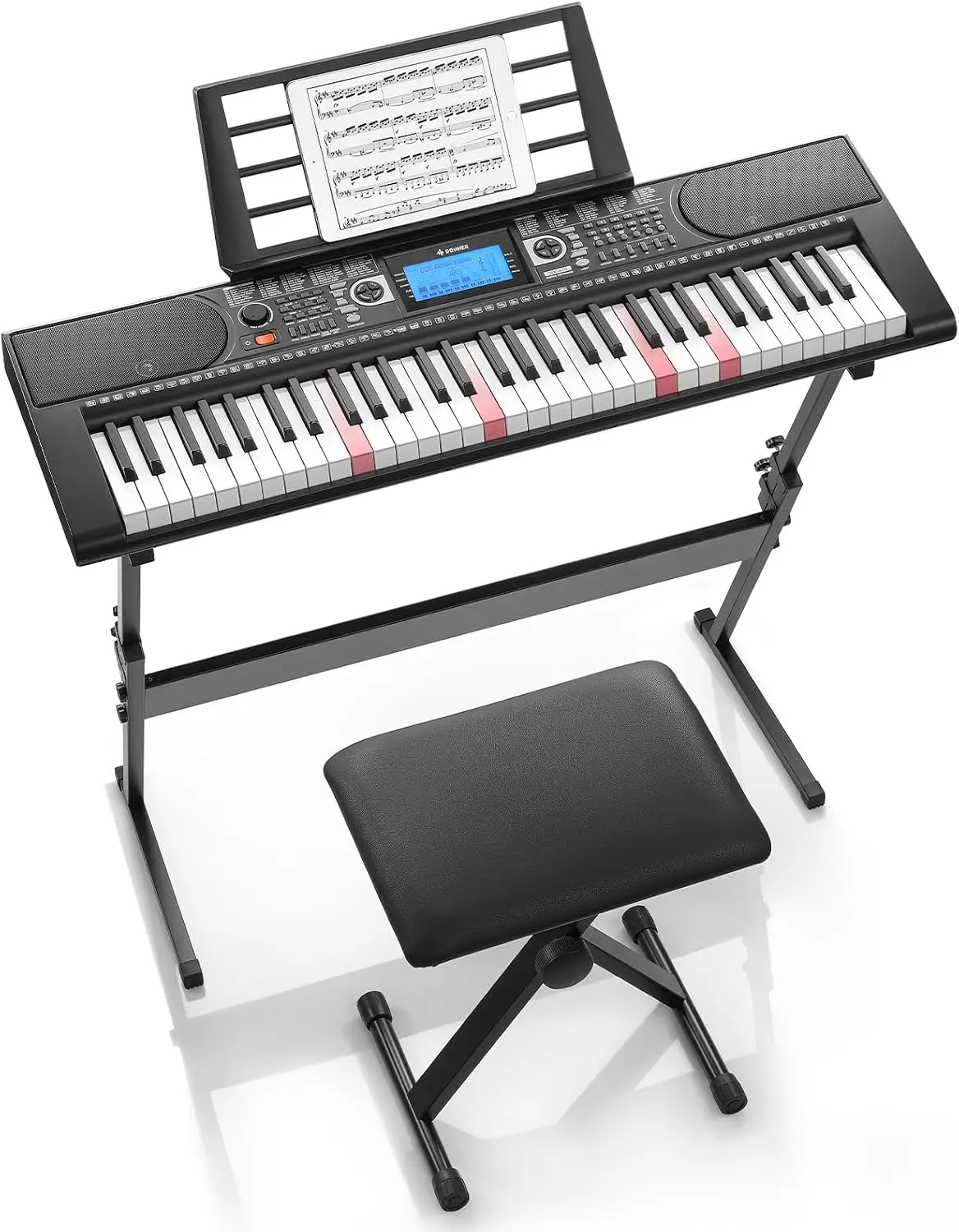 61-Key Electric Piano Keyboard Set for Beginners, Black, with Lighted Keys, LCD Display, 300 Tones & 256 Rhythms, Learning Modes, Z-Stand and Bench, Complete Starter Kit