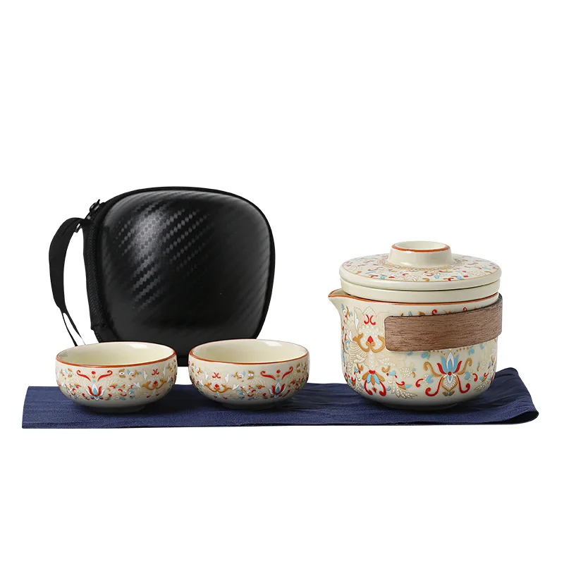 Dunhuang Ru Kiln Travel Tea Set Company Anniversary Gift Customized Logo to Send Customers Travel Kung Fu Practical Souvenirs