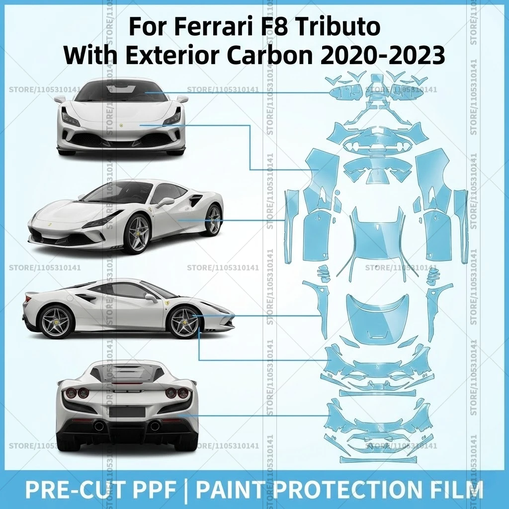 

Для Ferrari F8 Tributo с внешней отделкой из карбона 2020-2023: предварительно вырезанная прозрачная защитная пленка PPF для автомобиля