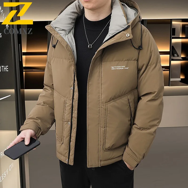 COMXZ Winter Puffer Jacket 2025 Casual Hooded Commuting Office Windproof Down Coat Slim Fit White Duck Down Thickened Garment