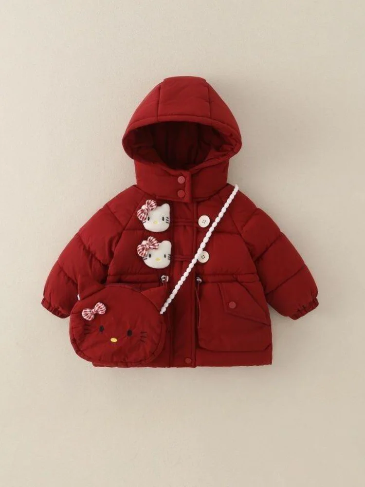 

Хлопковые куртки Hello Kitty Sanrio Thiened для девочек, новое зимнее пальто Fce для маленьких детей, теплая верхняя одежда, стеганое хлопковое пальто с капюшоном