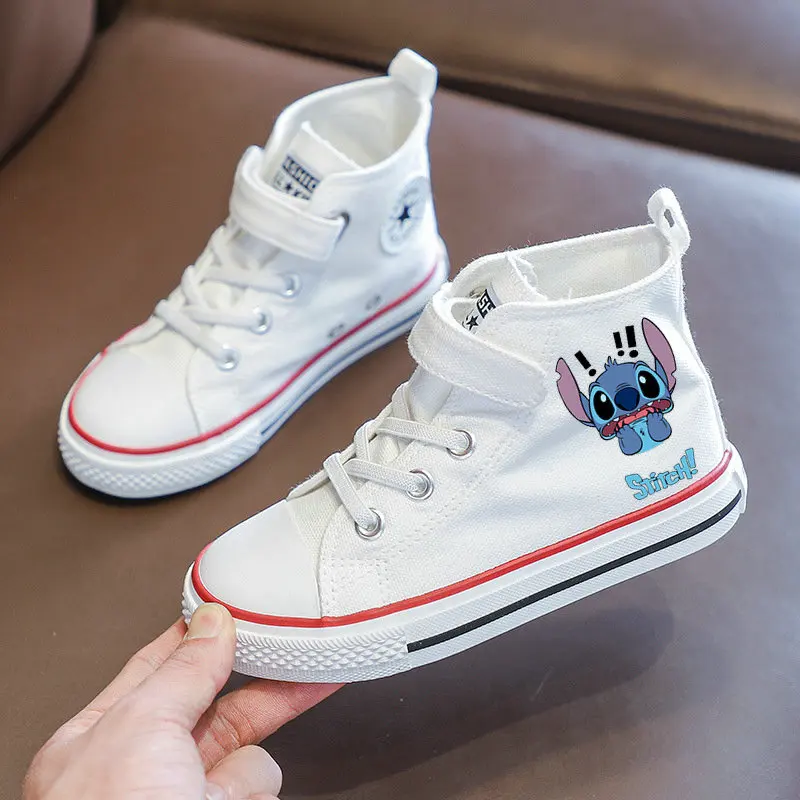 Stitch Children Canvas Shoes Cartoon Stitch Kids High Top Canvas Tennis Shoes Girls Boys White Casual Sneakers Size 25-36