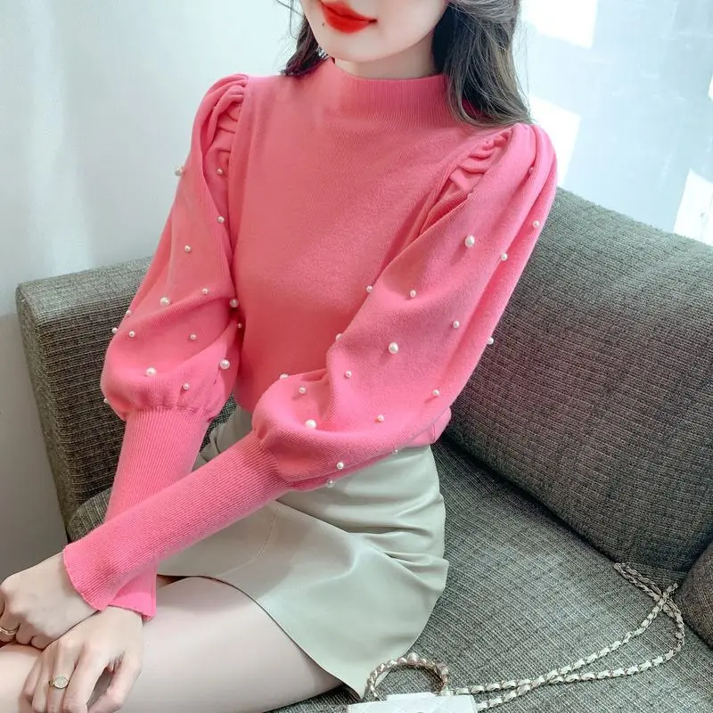 Korean Half High Neck Knitted All-match Pullovers Top Autumn Winter New Long Sleeve Solid Elegant Sweaters Fashion Women Clothes