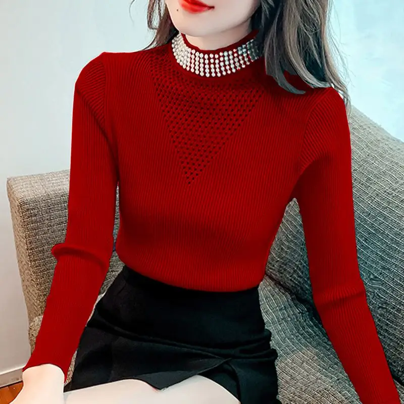 Fashion Stand Collar Spliced Hollow Out Diamonds Sweaters Women Clothing 2023 Autumn Winter Loose Korean Pullovers Casual Tops