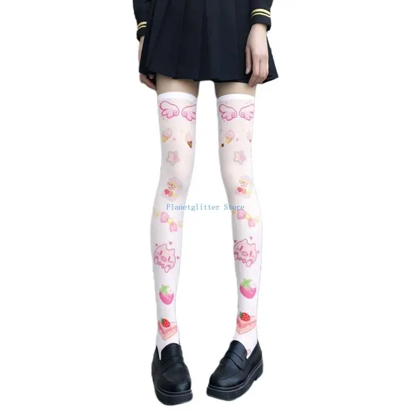 

652B Women Cartoon Thigh High Stockings Anime Pig for Cat Bear Print Long Sock