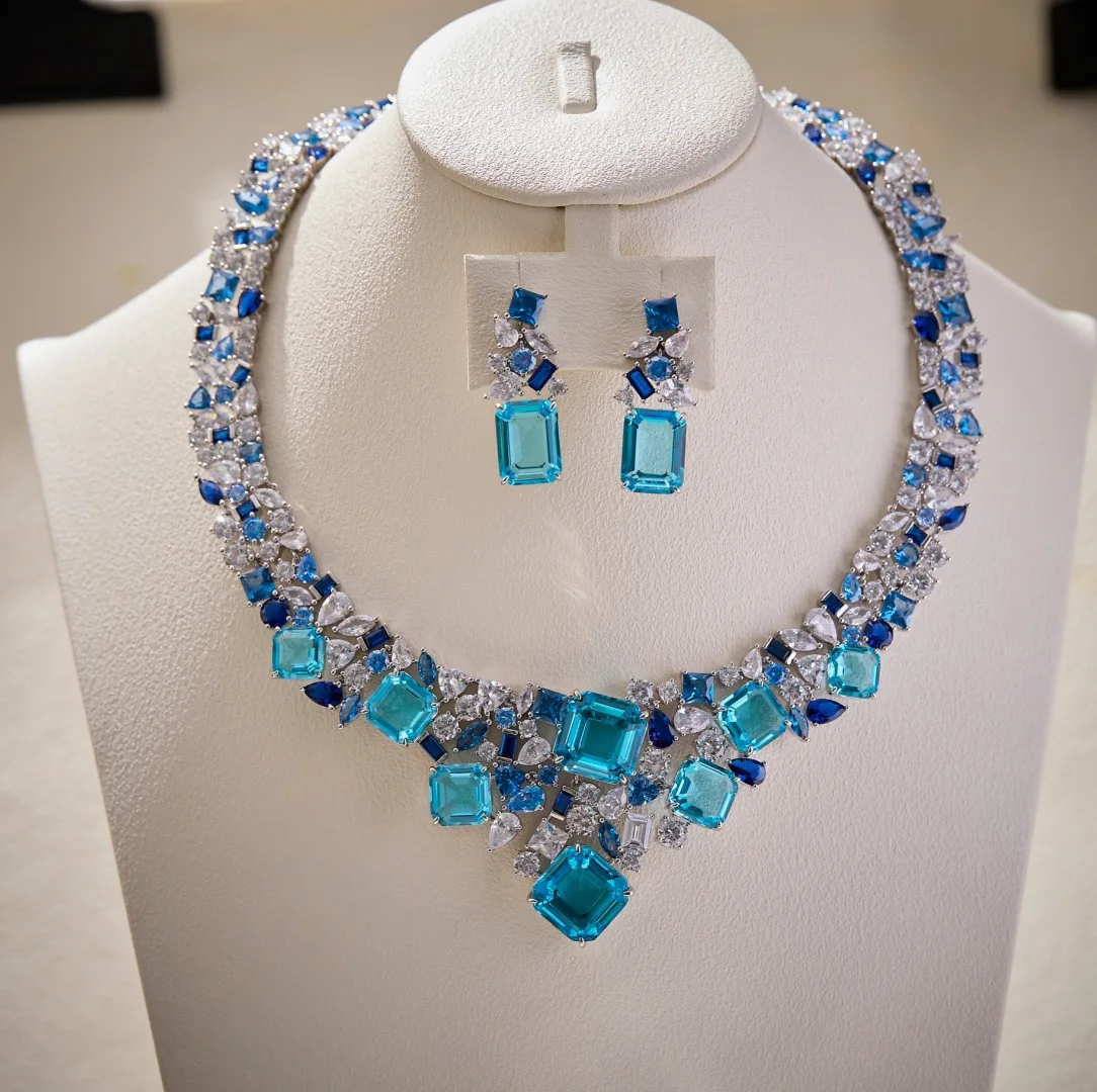

AY Luxurious Fashion Fine Jewelry Sets Inlay AAA Cubic Zirconia Ocean Blue Necklace Drop Earrings For Women Lady Wedding party