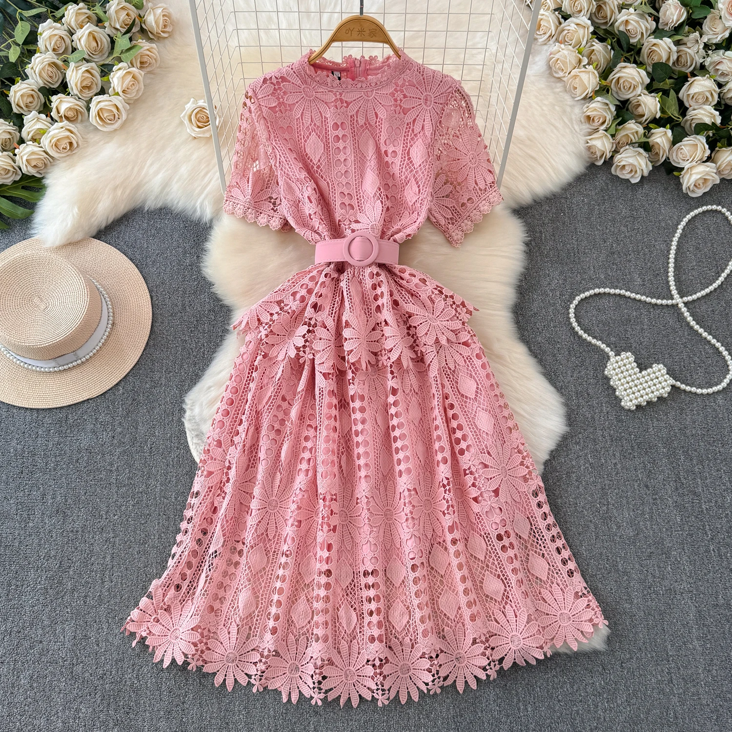 Hook Flower Vintage Layered Dress Hollowed Out Knitted A-line long Dress For Women's Summer New Lace Dresses