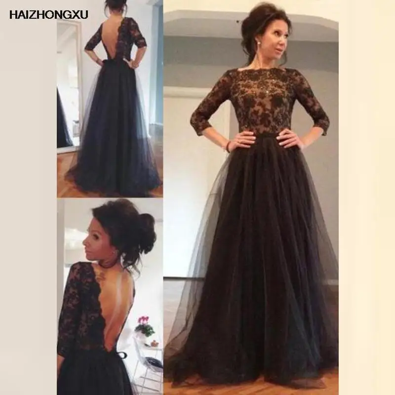 Черное кружевное платье для матери невесты с длинным рукавом 3/4 и открытой спиной, трапециевидной формы длиной до пола, вечерние платья для свадебной вечеринки, выпускного вечера