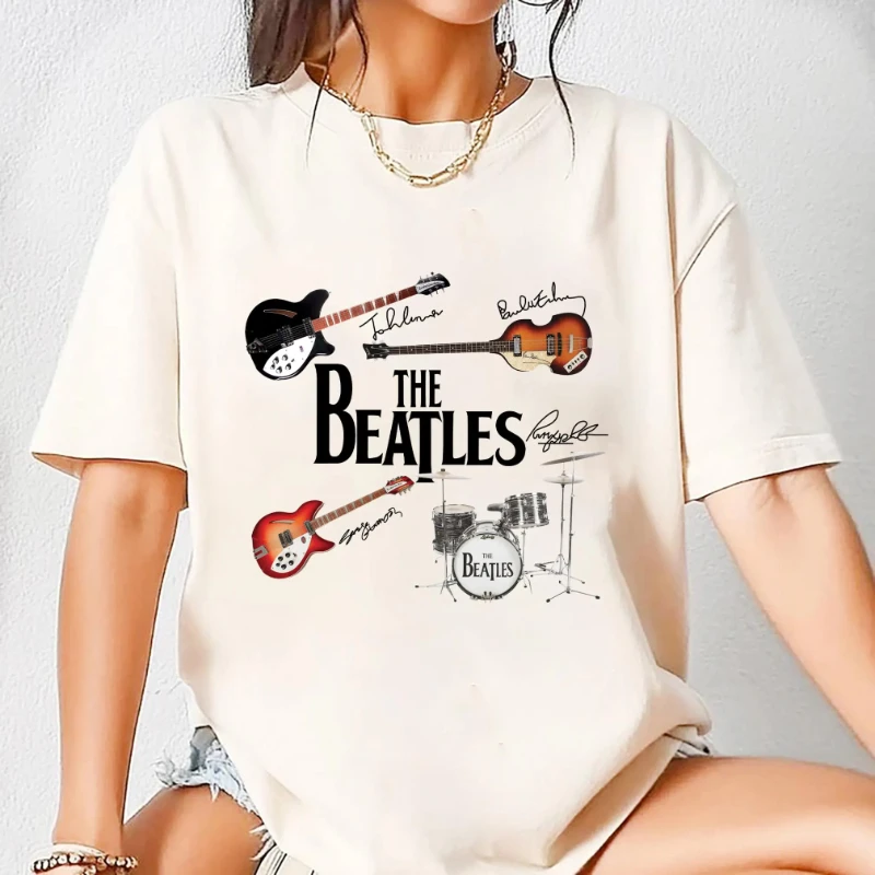 Beatles instrument logo and signature T-shirt Beatles 90s retro rock T-shirt couple's pure cotton streetwear shirt