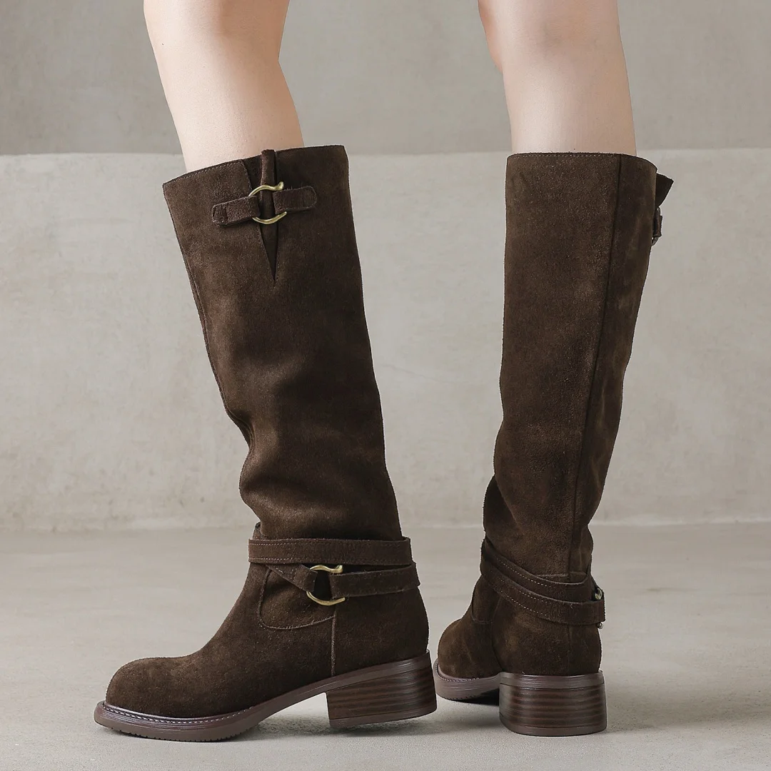 

Women's natural suede leather round toe metal buckle slip-on flat autumn knee high knight boots casual female long boots shoes