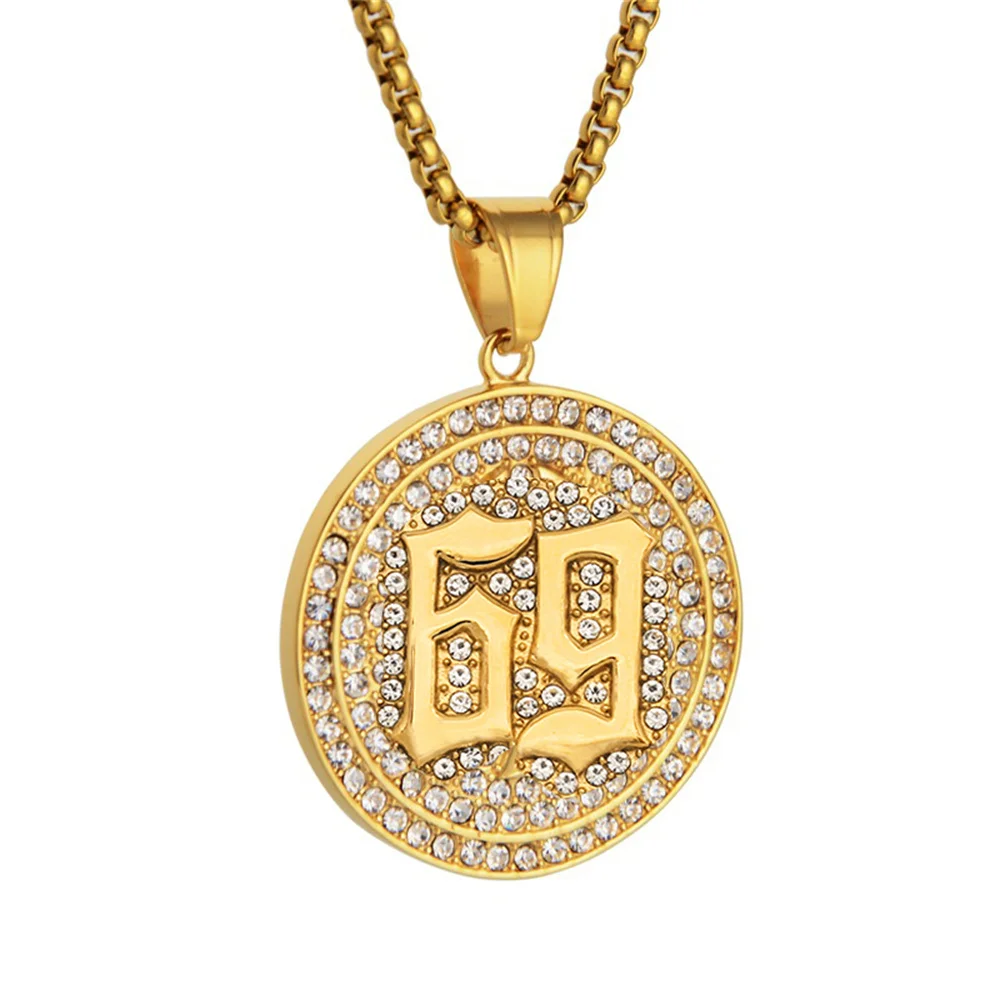 

Hip Hop Iced Out Bling 69 Saw Rapper Pendant Male Gold Color Stainless Steel Round CZ Necklace for Men Party Jewelry Gift