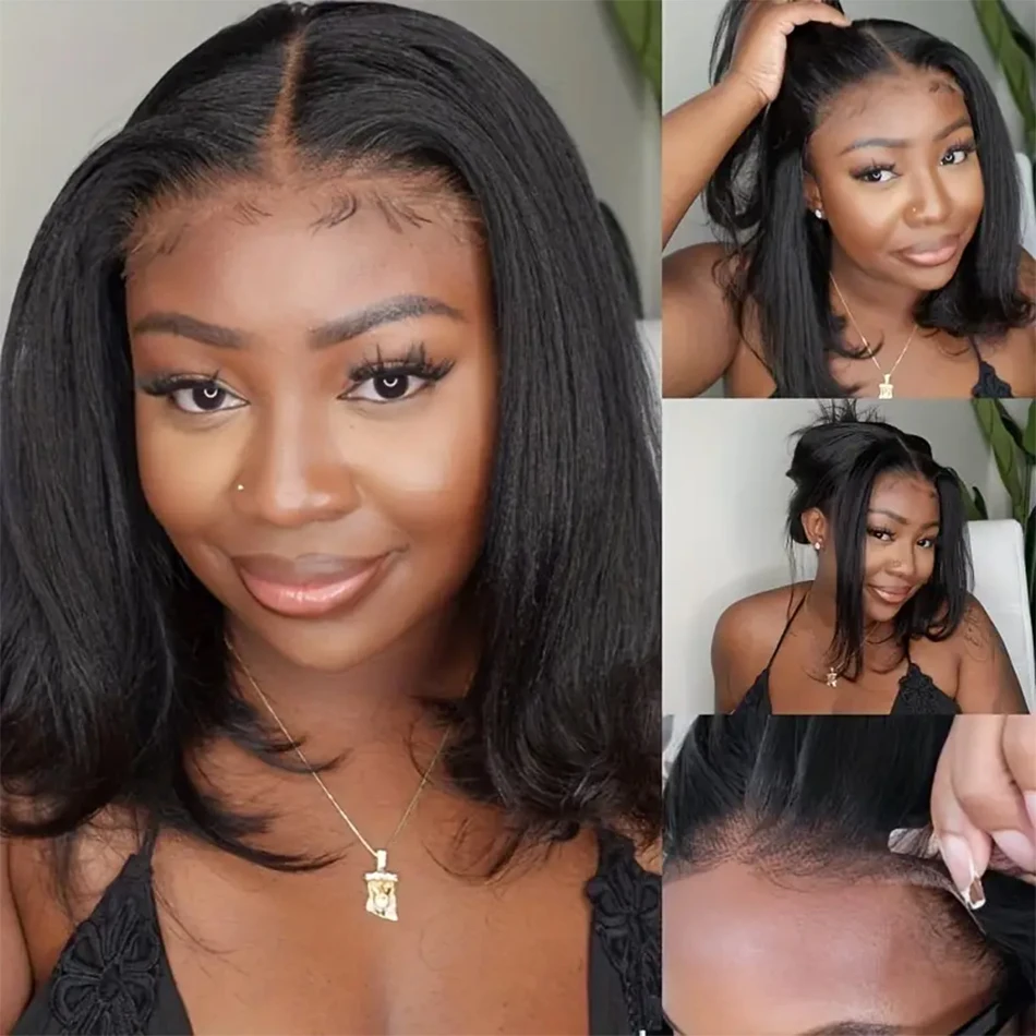 12A Kinky Straight Bob Wig Lace Front Human Hair Wigs For Women Transparent Full Lace Frontal Wig Glueless Wig Yaki Human Hair image 2