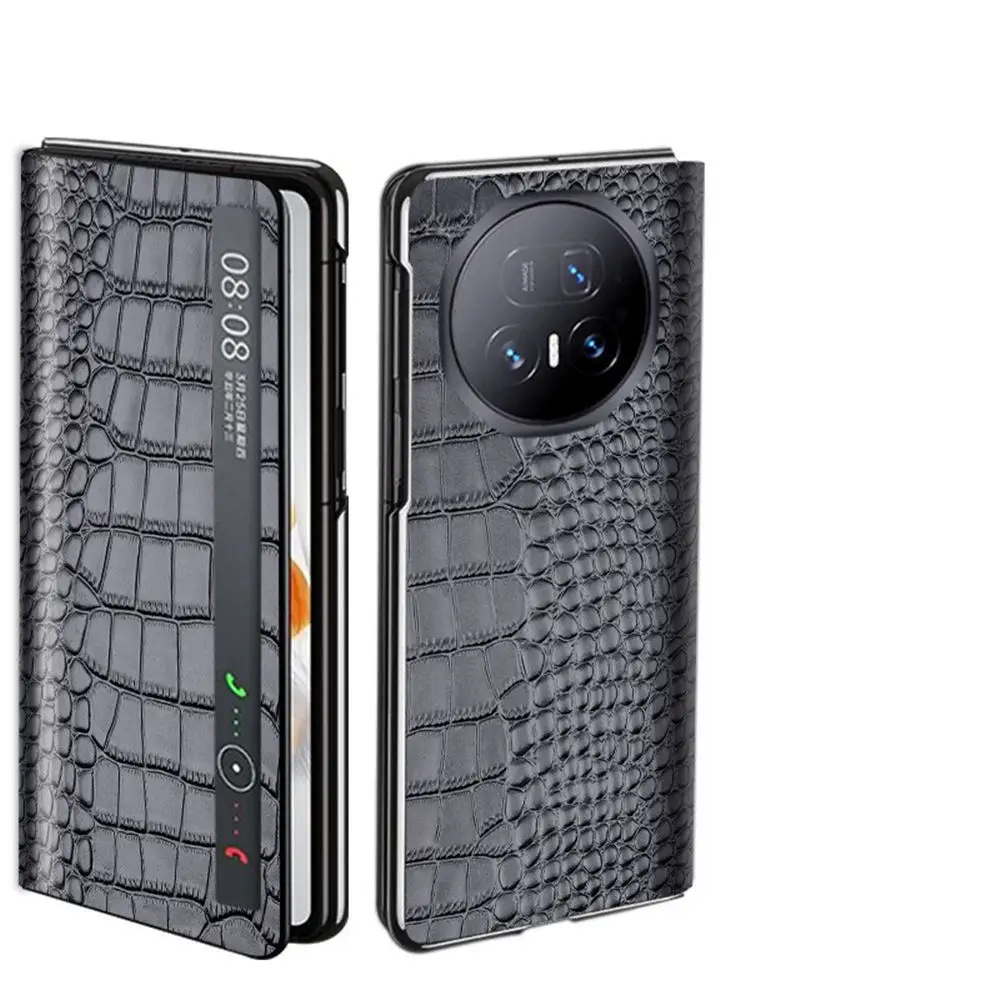 

Genuine Cowhide Leather Crocodile Flip Case for Honor Magic V5 Window View Business Cover