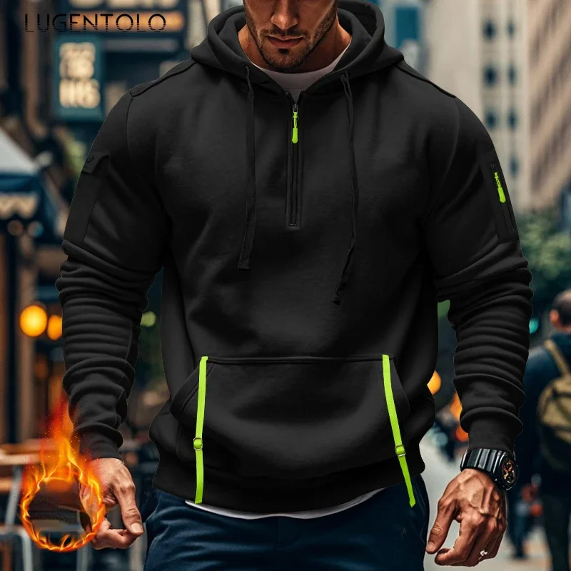 Men Fleece Hoodie Outdoor Solid Color Thickened Warm Loose Sweatshirt Fashion Zip Kangaroo Pocket Pullovers Casual Street Wear