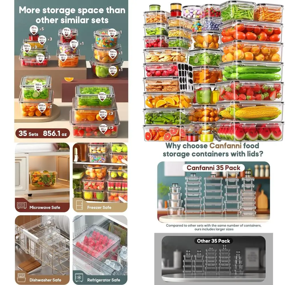 

70-Piece Leak-Proof Food Storage Containers Set with Lids, BPA-Free, Dishwasher and Microwave Safe, Includes Labels and Pen
