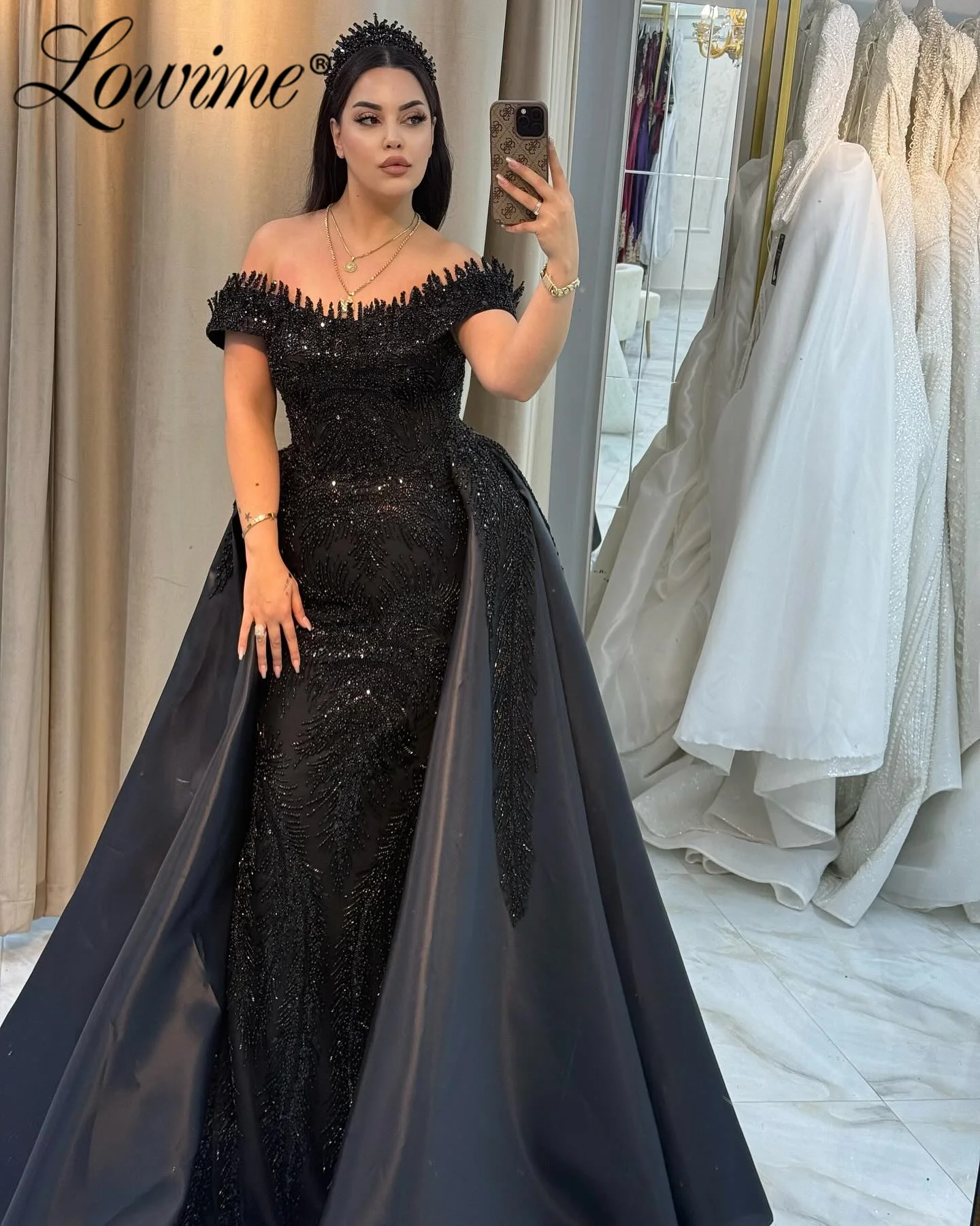 

Off Shoulder Black Prom Dresses Long Mermaid Celebrity Dresses Customized Arabic Evening Gown Party Dress With Detachable Train