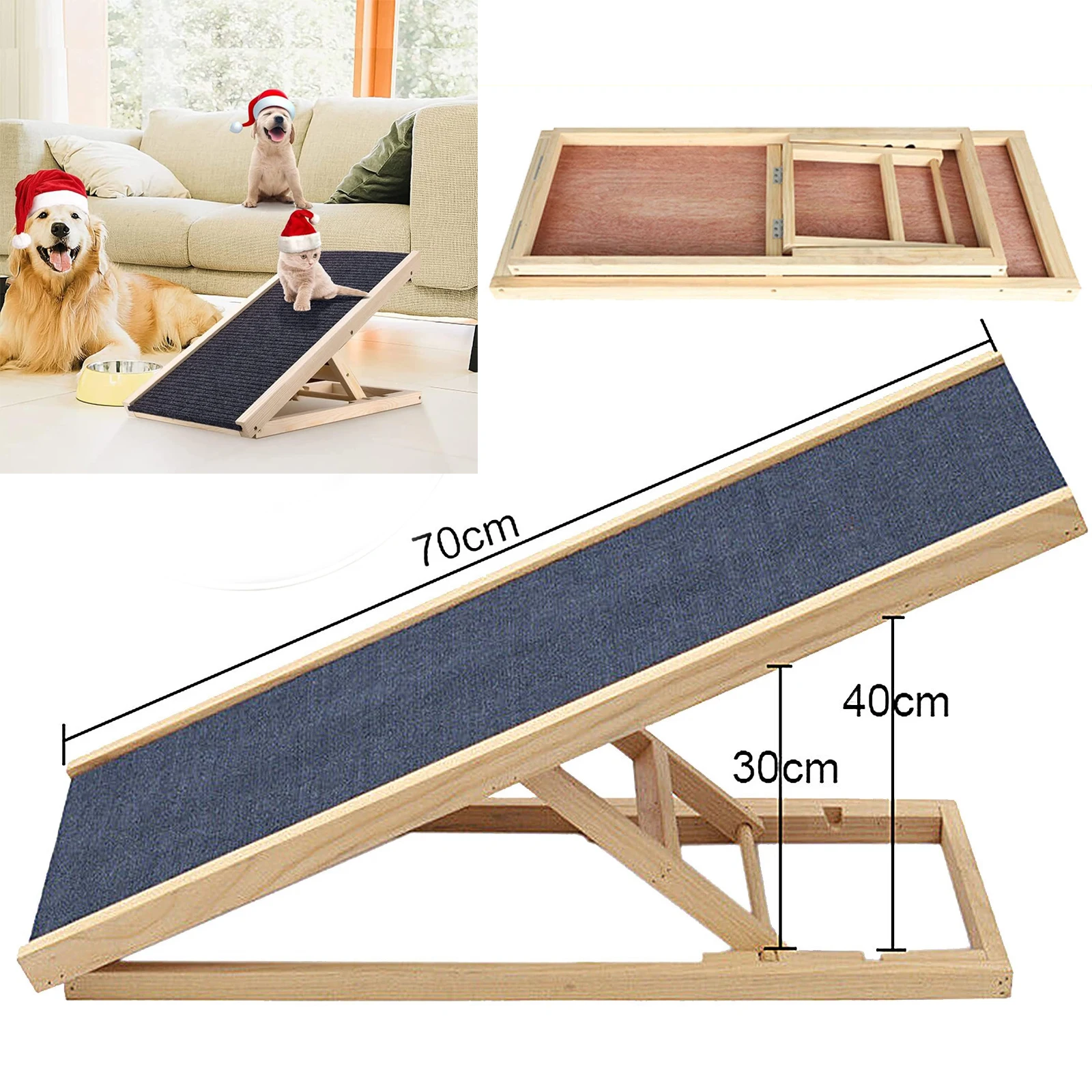 Rampe animaux domestiques bois massif réglable 2 hauteurs tapis antidérapant escalier pliable stable conseillé vétérinaire pour chiens chats âgés arthrose accès sécurisé canapé lit intérieur maison