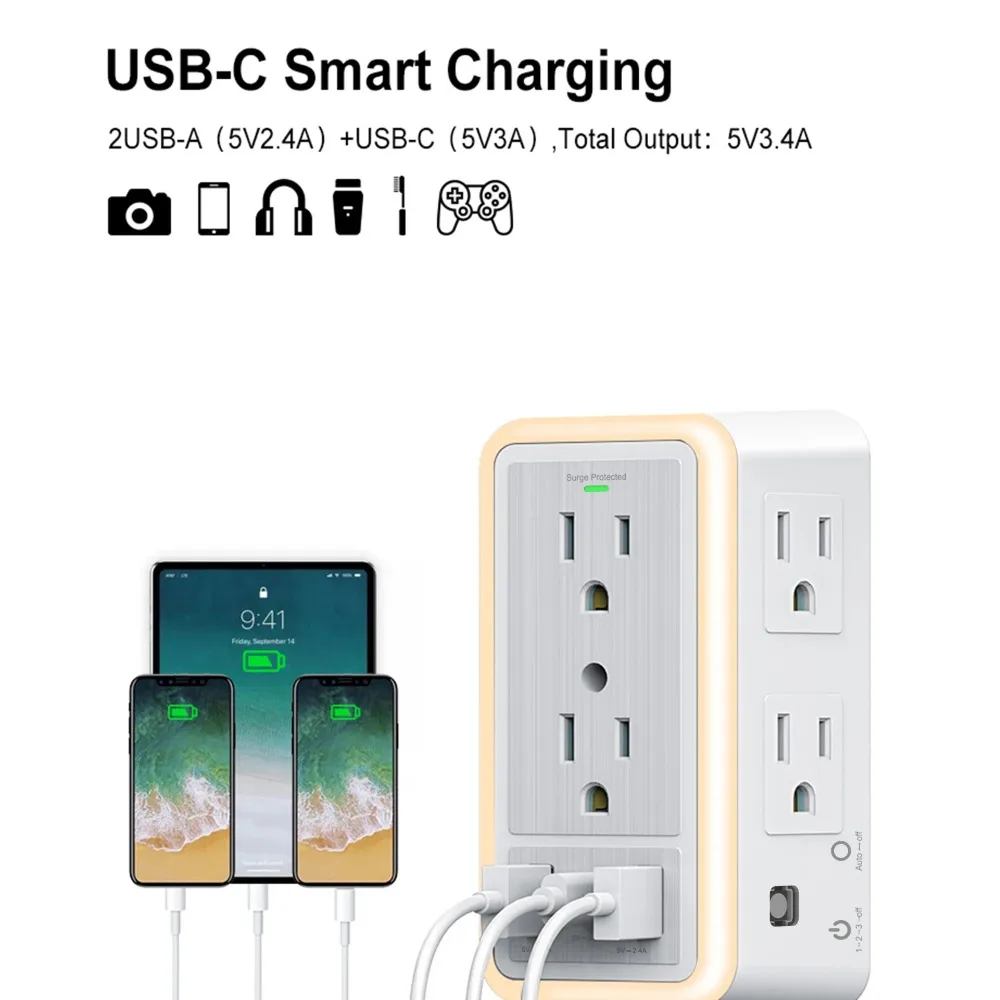 

Оснащен 3-мя USB-портами для зарядки (1 розеткой USB C) и ночником, подходит для домашнего и офисного использования, настенным зарядным устройством USB, перенапряженным перенапряжением.