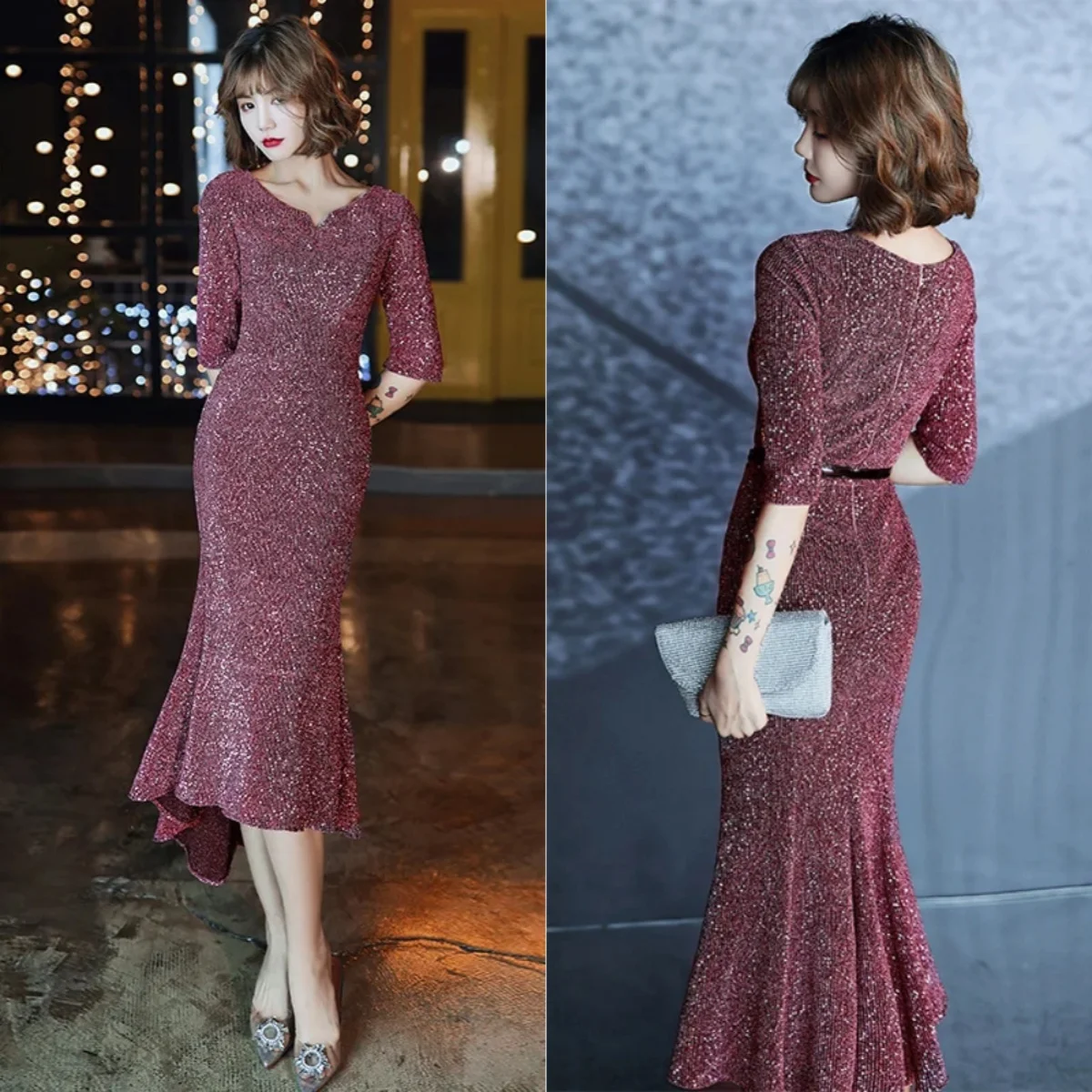 

Evening Dresses Burgundy Shining Sequins V-neck Zipper Back Tea-Length Half Sleeve Mermaid Women Party Gown Robe De Soiree K117