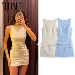 TRAF Blue Sleeveless Mini Dress Woman Belt Short Dresses For Women Fashion Elegant Party Dresses 2024 Summer Bodycon Dress