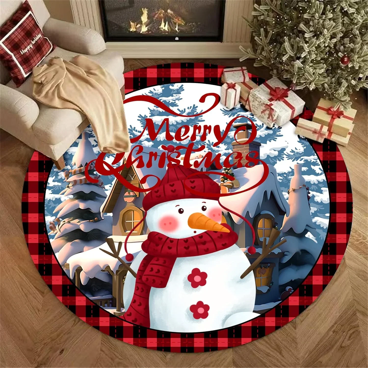 

Winter Snowman Round Area Rug Merry Christmas Round Area Rug for Living Room,Soft Washable Plaid Round Rug,for Kids Room