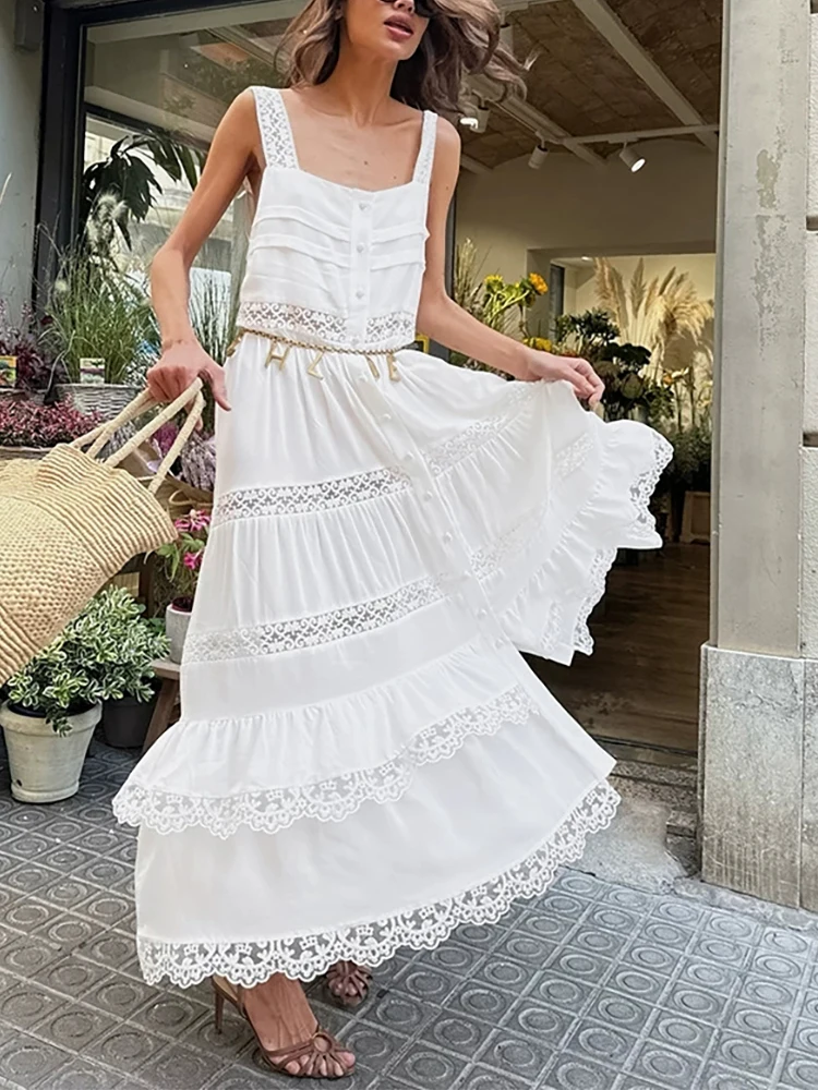 Senhora cintura alta cor sólida vestido de noite verão rendas oco para fora bohe maxi vestido causal sem mangas plissado praia férias vestido