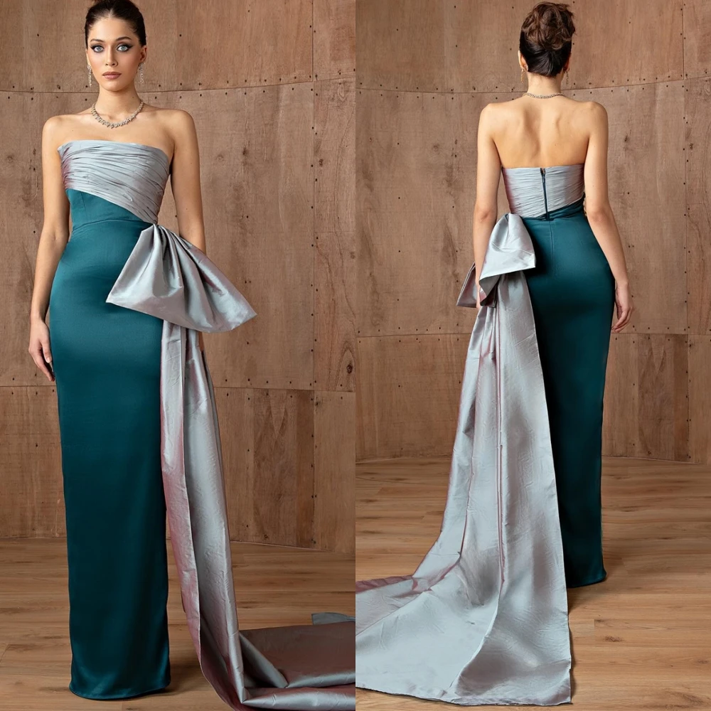 

Customized Luxury Strapless Evening Dress Elegant Bow Satin Cocktail Dress Temperament Court Train Special Occasion Gowns