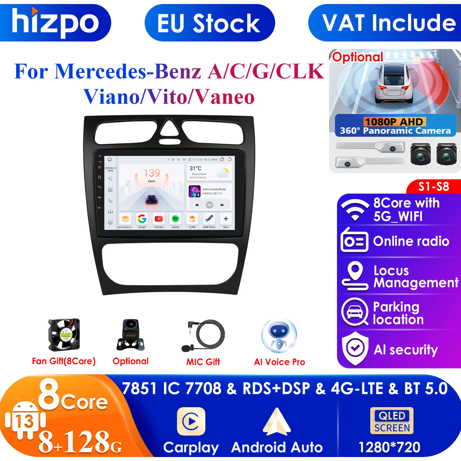 2din Android Car Multimedia Player for Mercedes-Benz A W168 C W203 G W463 Vaneo Vito Viano CLK Class C209 GPS Carplay 4G RDS DSP