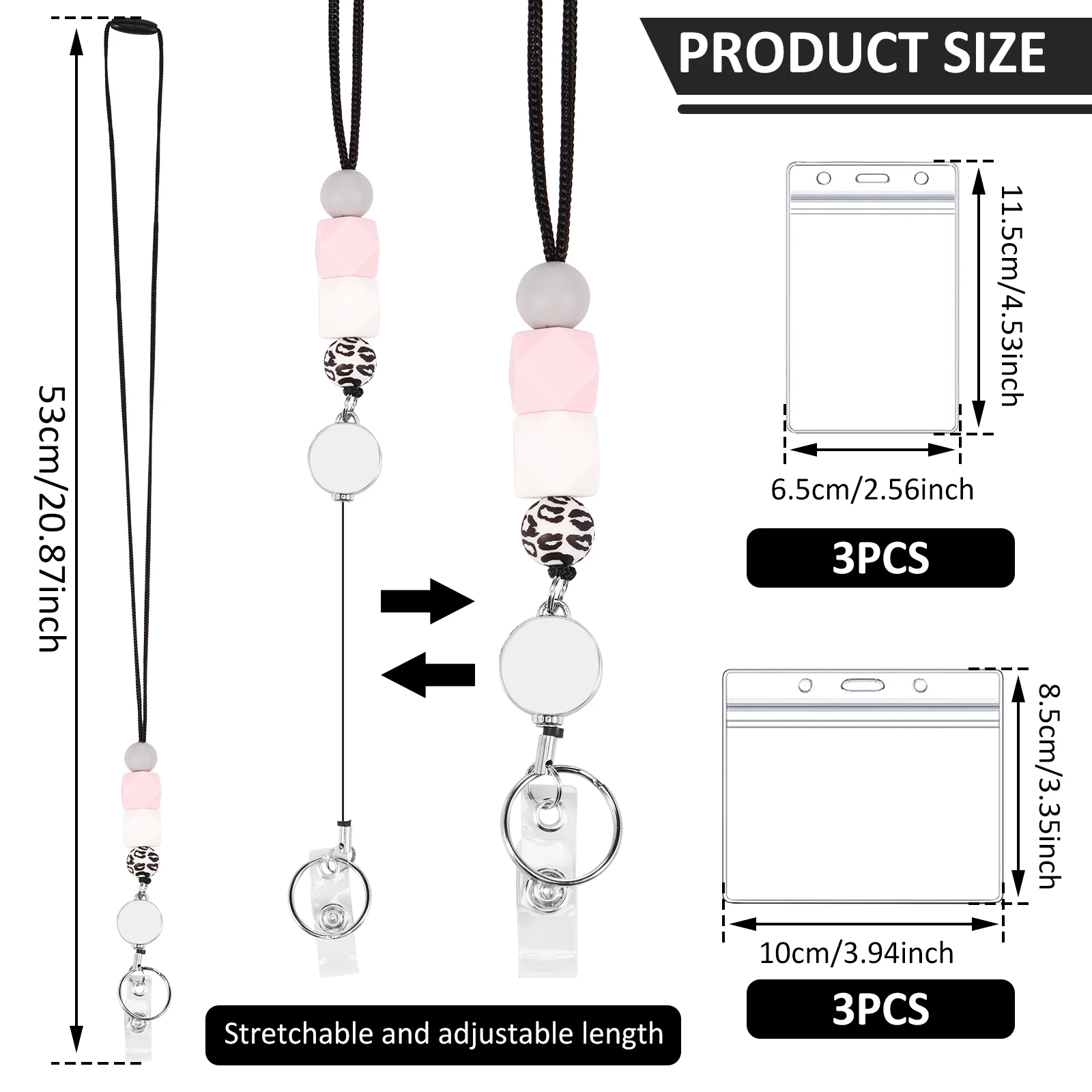 9Pcs Badge Holder and Lanyard Set Cute Beaded Retractable Lanyard with Swivel Buckle Waterproof ID Card Holder Horizontal and