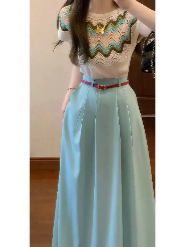 

Элегантный нежный вязаный комплект из топа и юбки в корейском стиле, летний модный женский костюм из двух предметов, хлопковый, с коротким рукавом и круглым вырезом