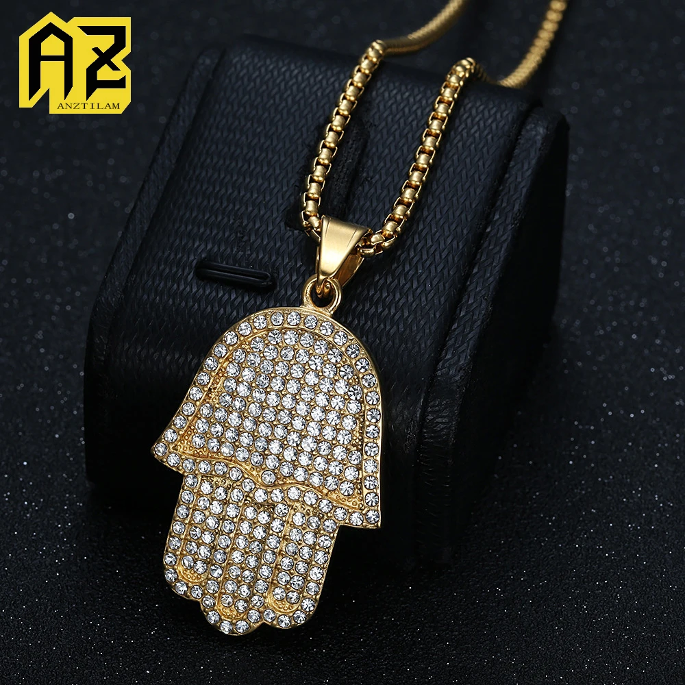 

Anztilam Iced Hand No Fade 316L Stainless Steel Iced Out Pendant with Long Link Chain Necklaces for Women Men Hip Hop Jewelry