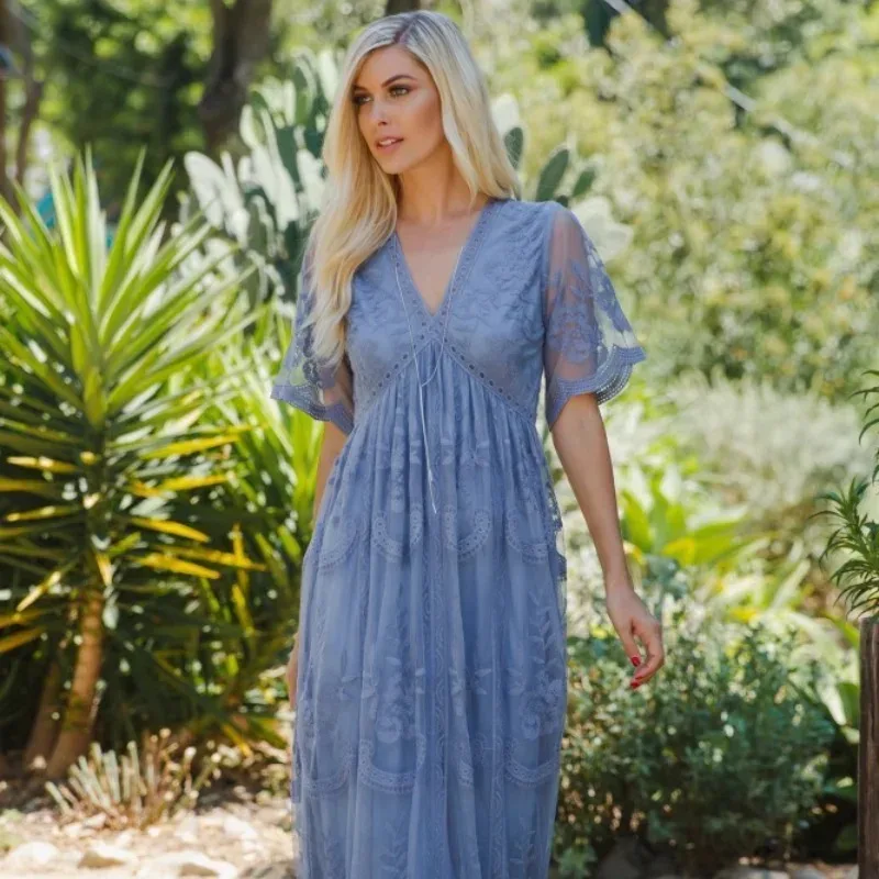 Long Maternity Dresses For Photo Shoot Sexy Lace Fancy Pregnancy Dresses Flare Sleeve Pregnant Women Maxi Gown Photography Props