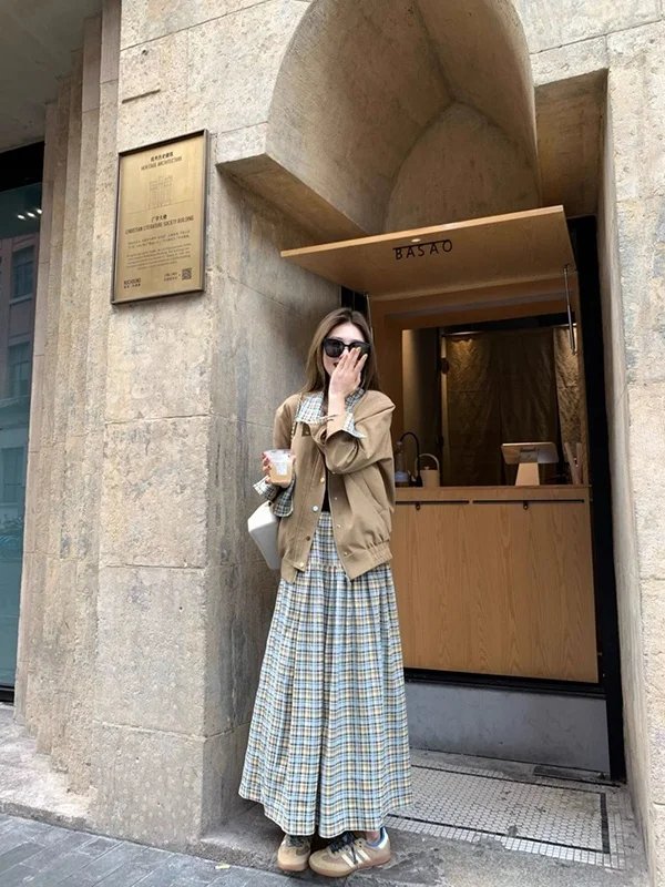 

plus Size 300 Pounds Lazy Plaid Splicing Collar Casual Jacket Women's Spring Outerwear Korean Style Commute Loose Fit Jacket