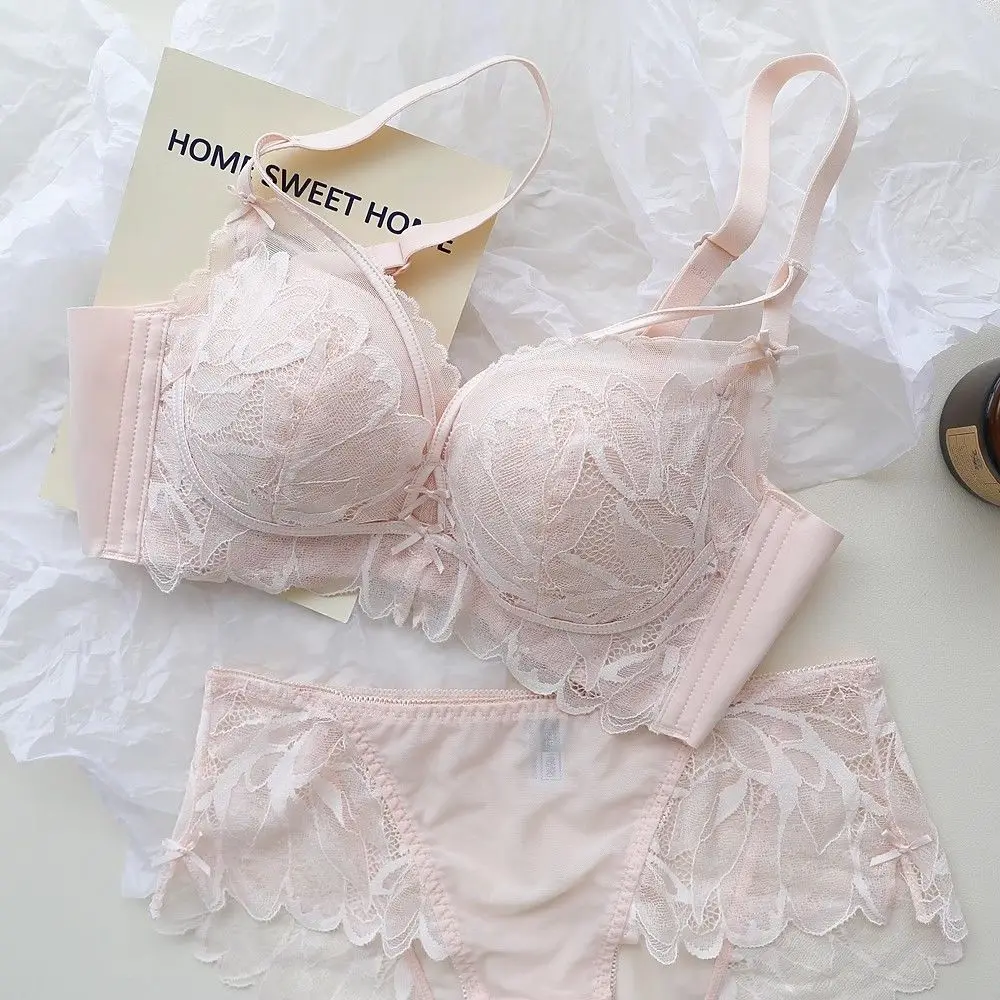Ropa interior francesa Pure Desire de encaje, lencería para mujer, pechos pequeños, ajuste antiflacidez, conjunto de sujetador rosa 2025