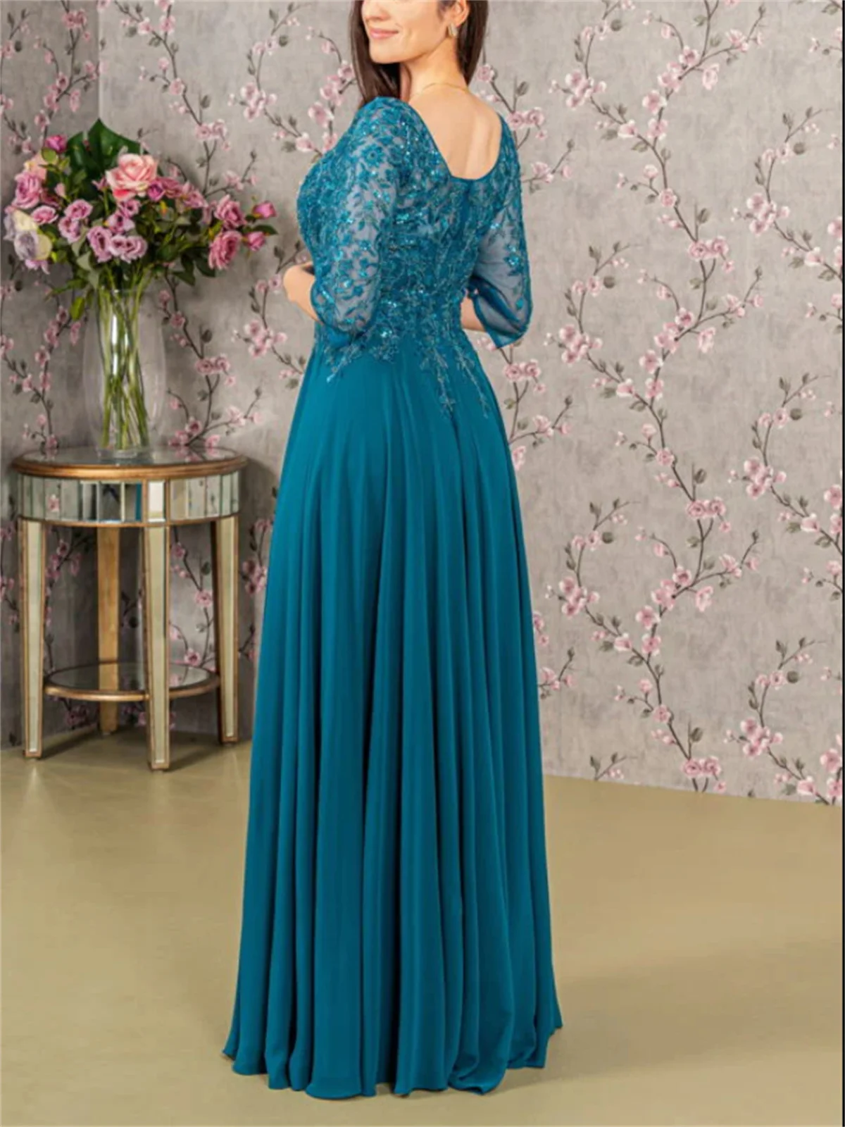 Blue A-Line Mother of the Bride Dress Elegant Sexy O Neck Floor Length Lace Stretch Chiffon Long Sleeve with Bow(s) Applique New