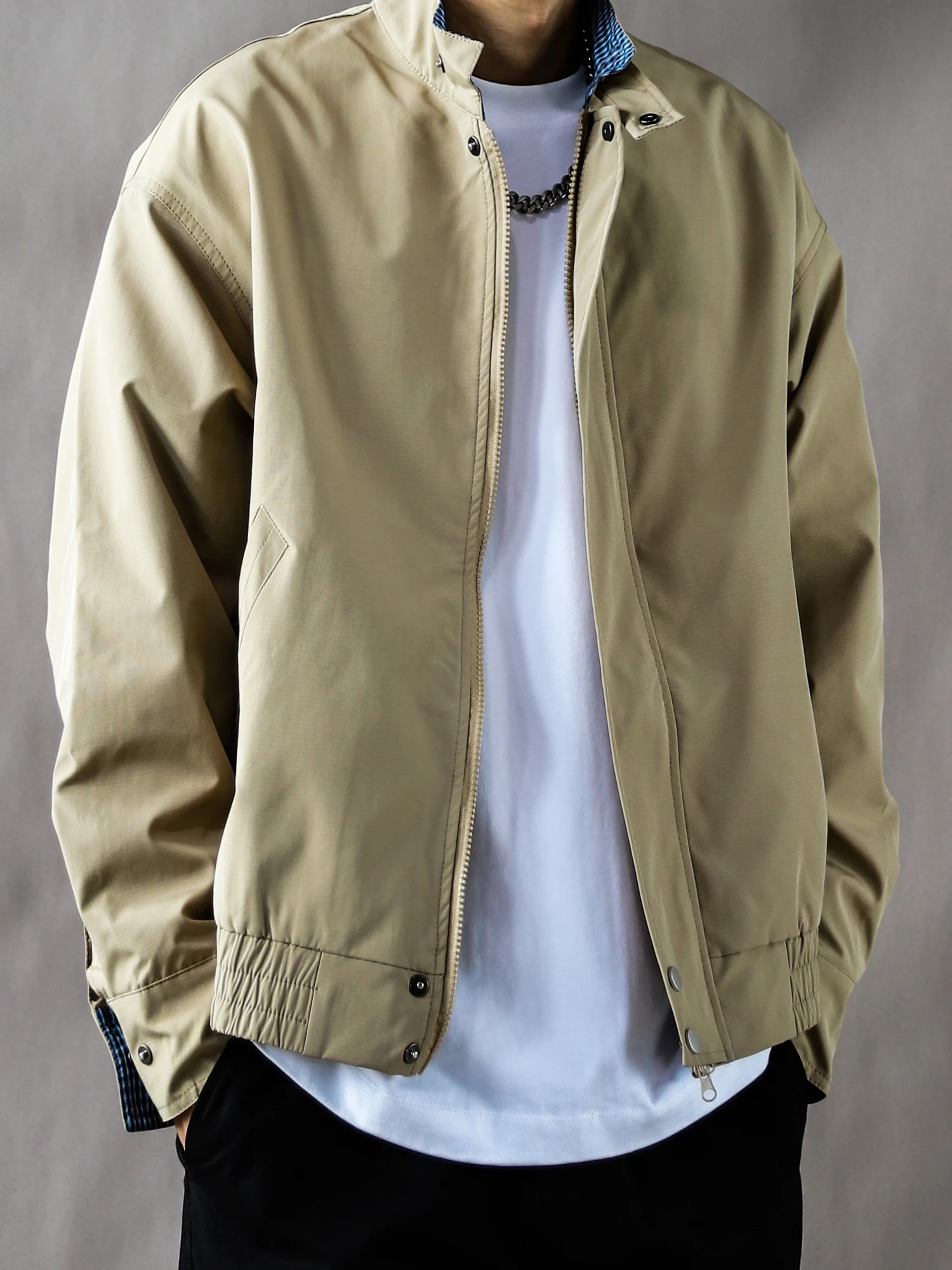 

American Retro Stand Collar Jaet Men's Spring Autumn Loose Casual High Street Workwear Outerwear Long Sve Polyester