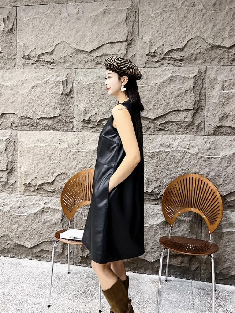 Women Casual A-Line Genuine Leather Dress Summer Sleeveless Loose Fit Natural Sheepskin Tank Dress O-Neck Female Short Dresses