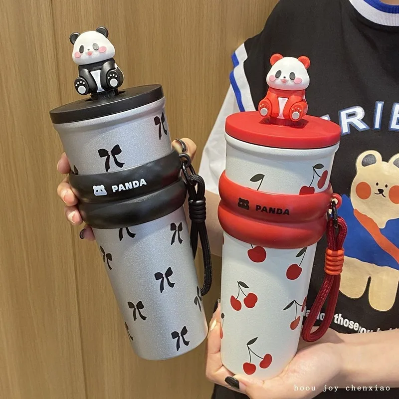 700ml Cute Kawaii Panda Straw Tumbler Stainless Steel Insulated Vacuum Flask Coffee Cup Portable Car Mug Sleeve Water Bottle