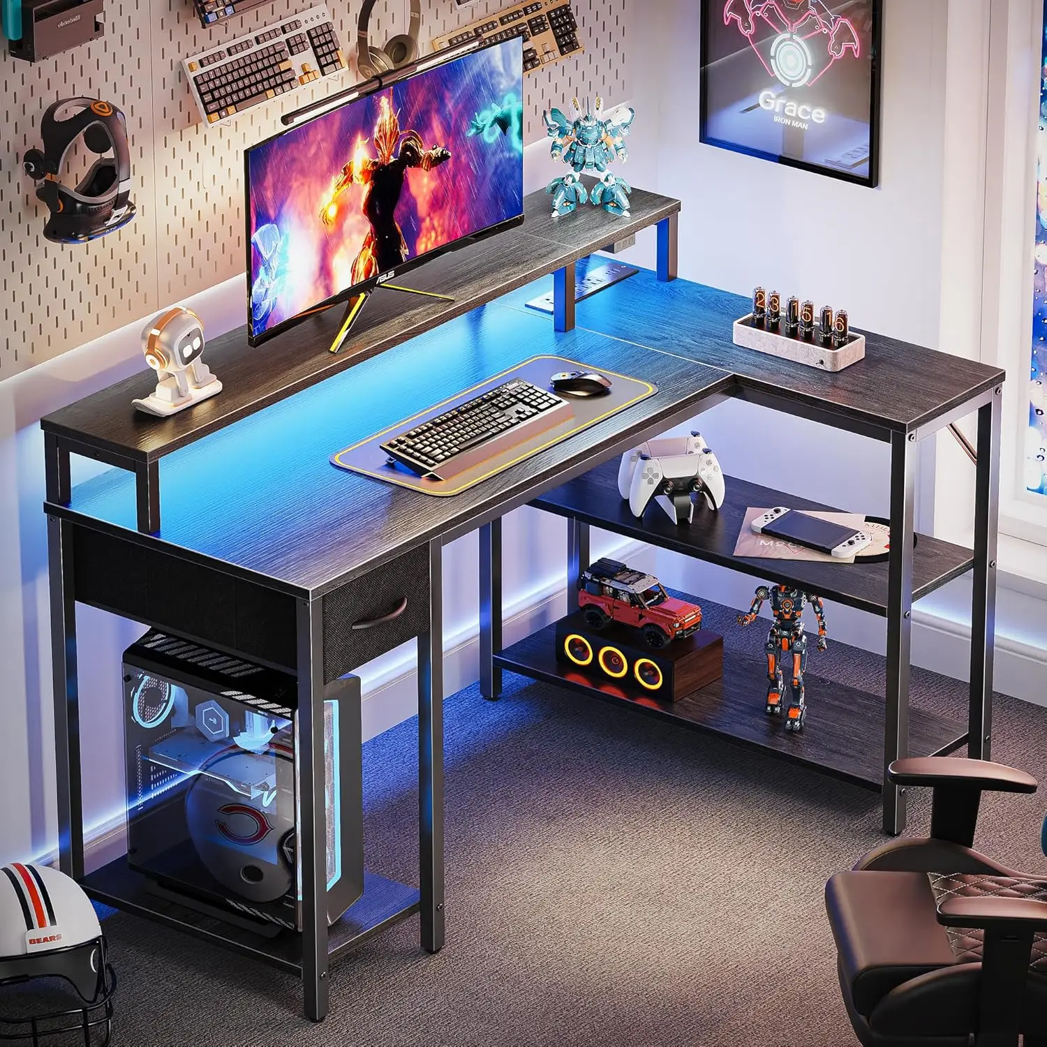 SUPERJARE 47 inch Reversible L Shaped Desk with LED Lights & Power Outlets, Computer Desk with Shelves & Monitor Stand,