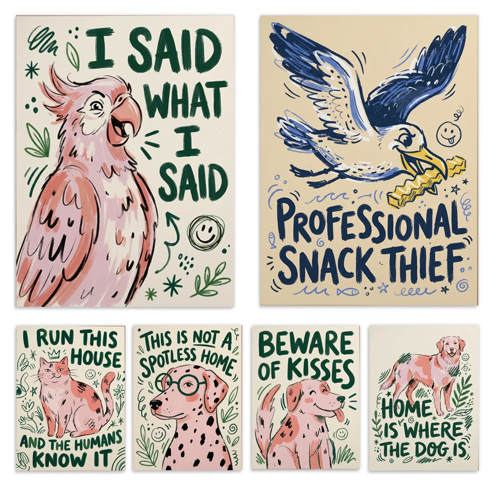 Funny Golden Retrievers, Dalmatian Dog Art, Cat Illustrations, Parrot and Bird Art, Humorous Home Decor Posters