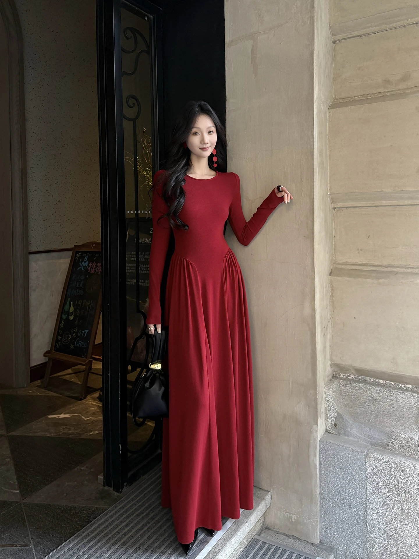 

Вязаное платье SUYE из шерстяной смеси, А-силуэт, миди, с завышенной талией, красное, повседневное, весенний сезон, женская мода, базовая одежда