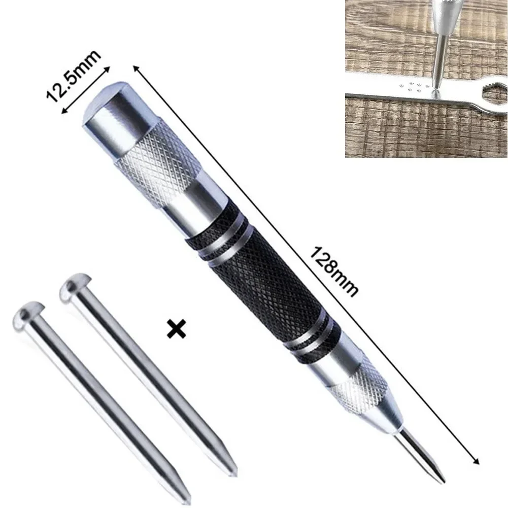 Automatic Center Punch Black+silver Carbon Steel+alloy Steel Non Slip Grip Spring Loaded With 2 Pcs Spare Punch 1 Pc